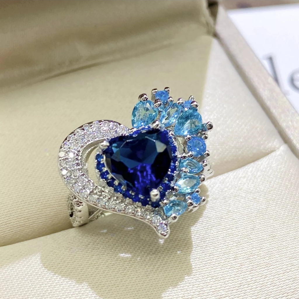 Heart-Shaped Blue Sterling Silver Topaz Adjustable Ring 75$
